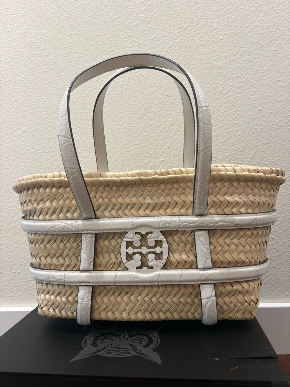 Tory Burch Ella Straw Basket Tote White Croc Embossed Trim + Dust Bag. NWT - Picture 4 of 15